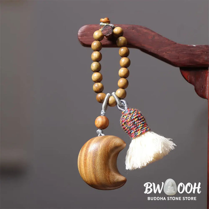 Buddha Stones Natural Green Sandalwood Colored Rope Tassels Star Moon Abundance Key Chain - Key Chain