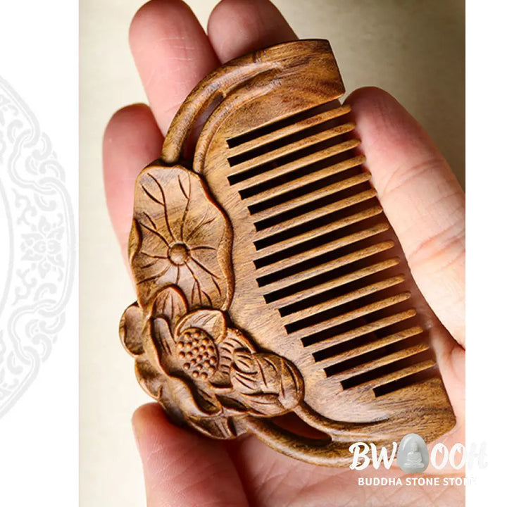 Buddha Stones Natural Green Sandalwood Lotus Flower Leaf Engraved Soothing Comb - Comb