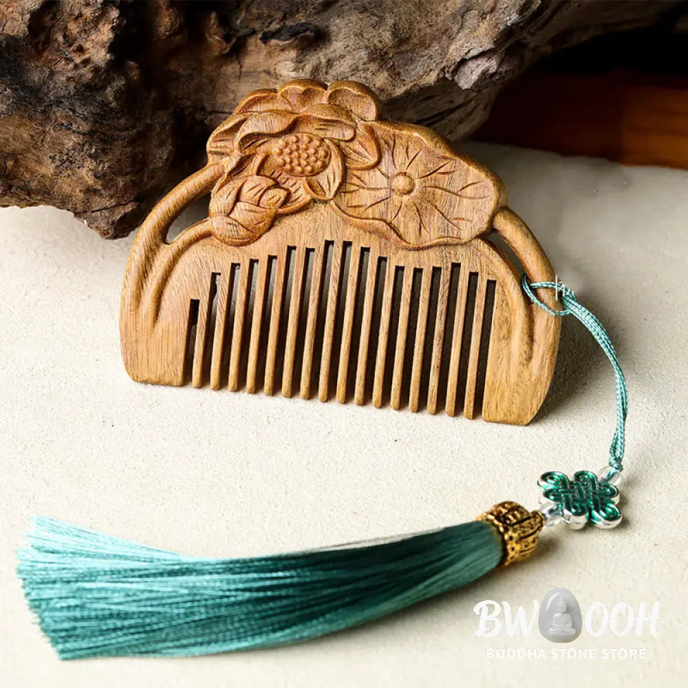 Buddha Stones Natural Green Sandalwood Lotus Flower Leaf Engraved Soothing Comb - Comb
