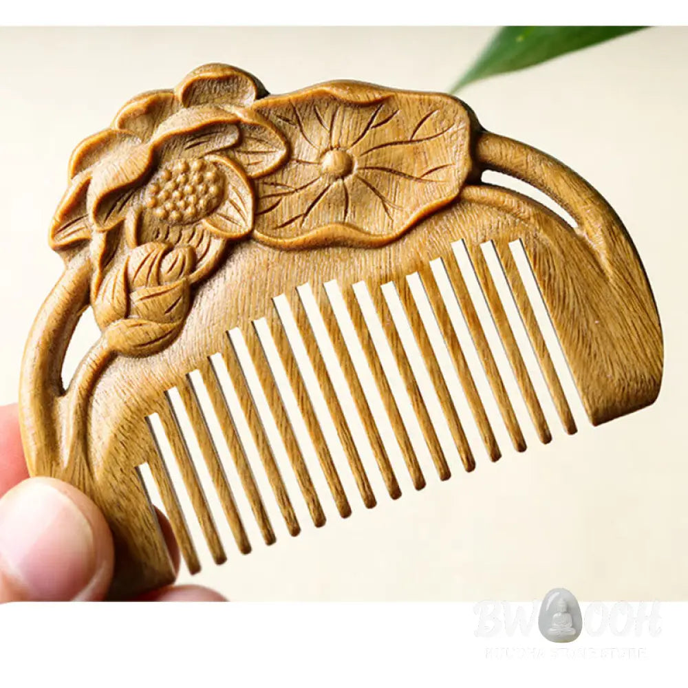 Buddha Stones Natural Green Sandalwood Lotus Flower Leaf Engraved Soothing Comb - Comb