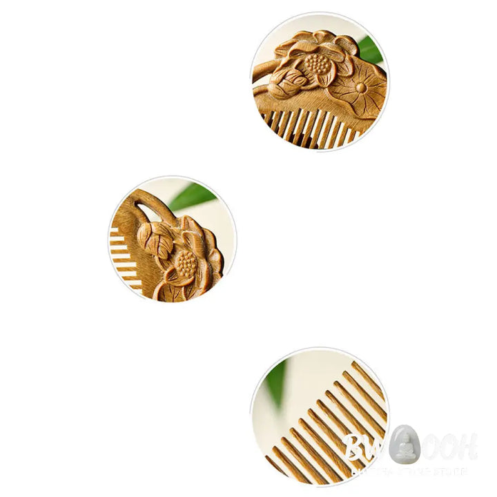 Buddha Stones Natural Green Sandalwood Lotus Flower Leaf Engraved Soothing Comb - Comb