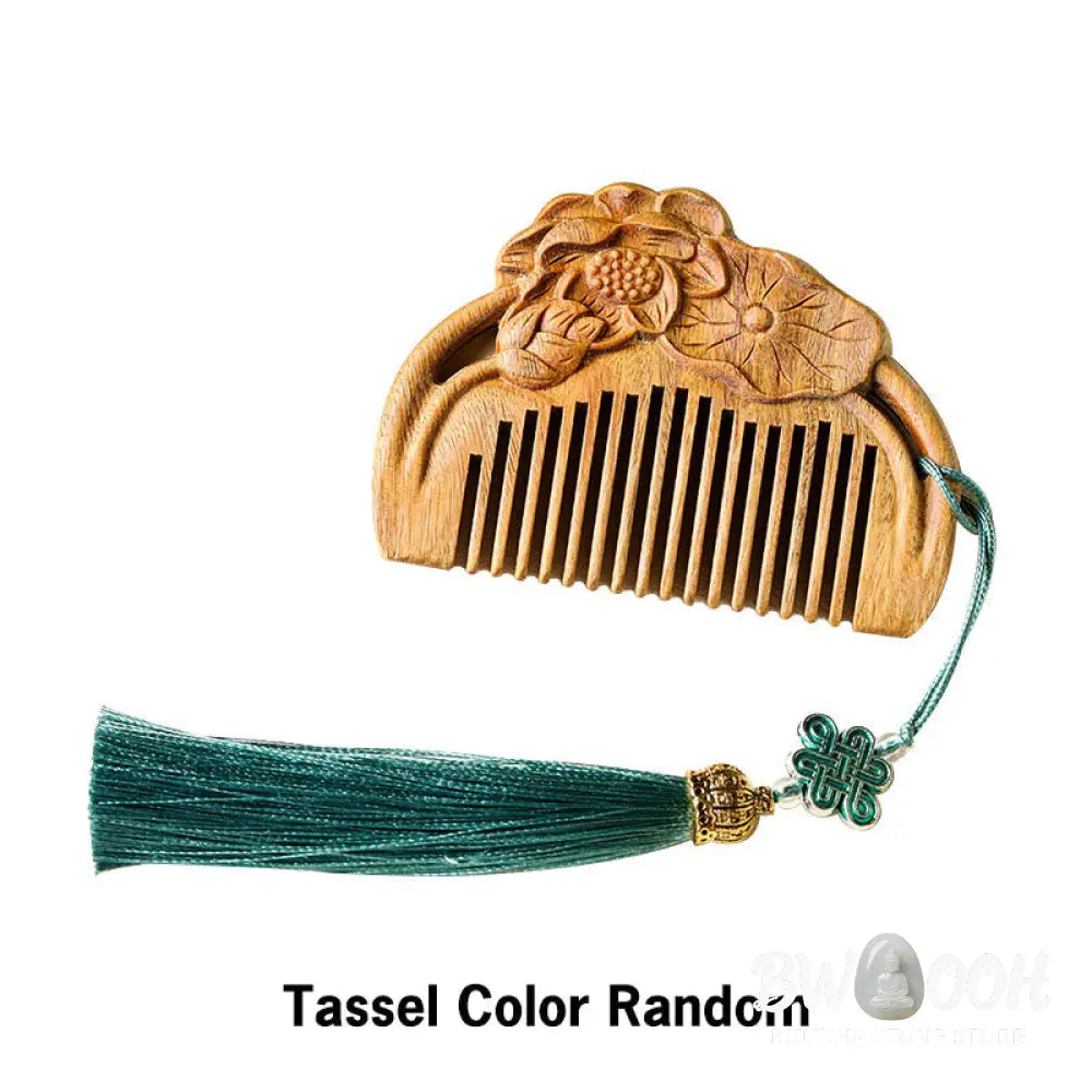 Buddha Stones Natural Green Sandalwood Lotus Flower Leaf Engraved Soothing Comb - Comb