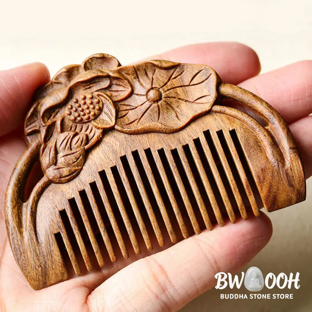 Buddha Stones Natural Green Sandalwood Lotus Flower Leaf Engraved Soothing Comb - Comb