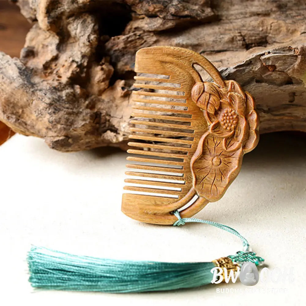 Buddha Stones Natural Green Sandalwood Lotus Flower Leaf Engraved Soothing Comb - Comb