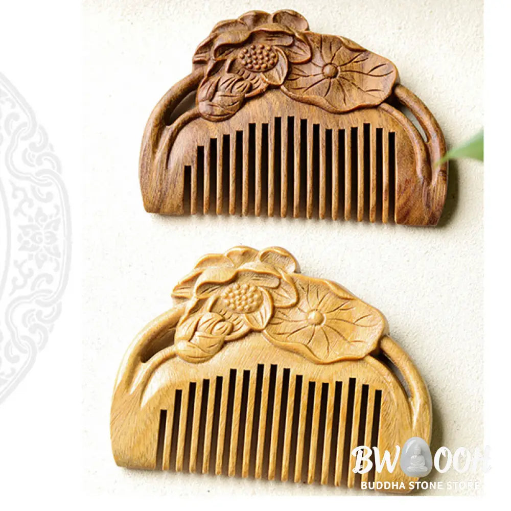Buddha Stones Natural Green Sandalwood Lotus Flower Leaf Engraved Soothing Comb - Comb