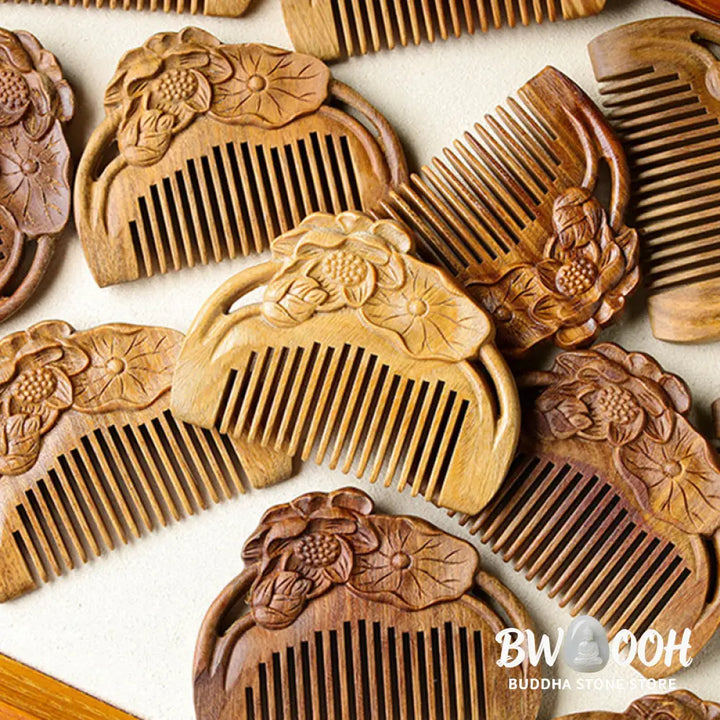 Buddha Stones Natural Green Sandalwood Lotus Flower Leaf Engraved Soothing Comb - Comb