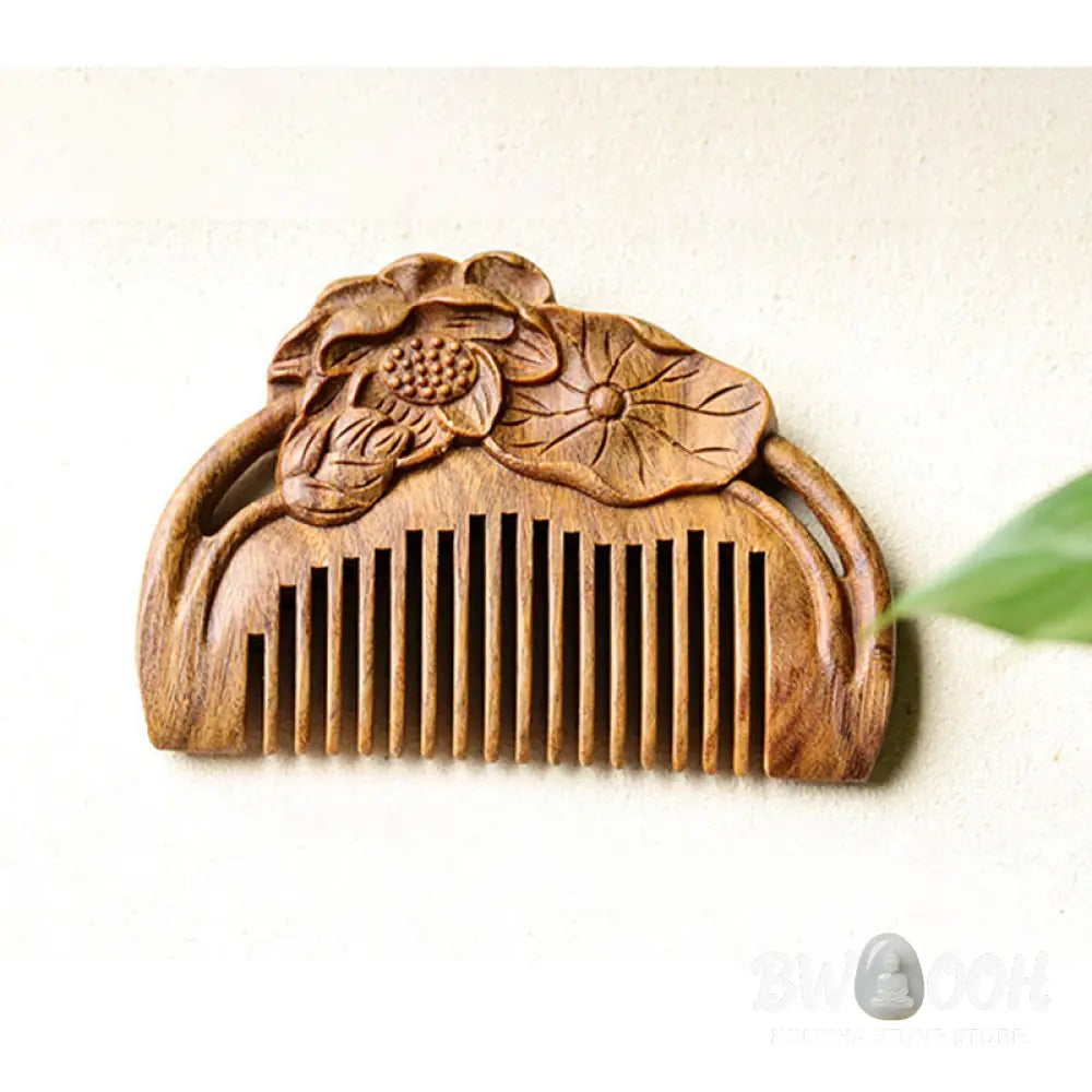 Buddha Stones Natural Green Sandalwood Lotus Flower Leaf Engraved Soothing Comb - Comb