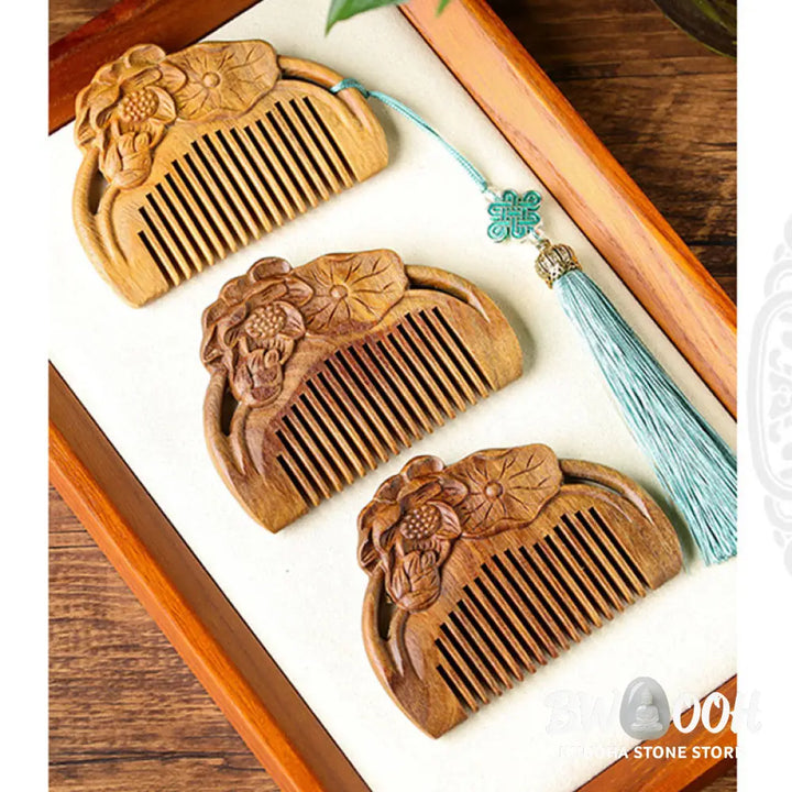 Buddha Stones Natural Green Sandalwood Lotus Flower Leaf Engraved Soothing Comb - Comb
