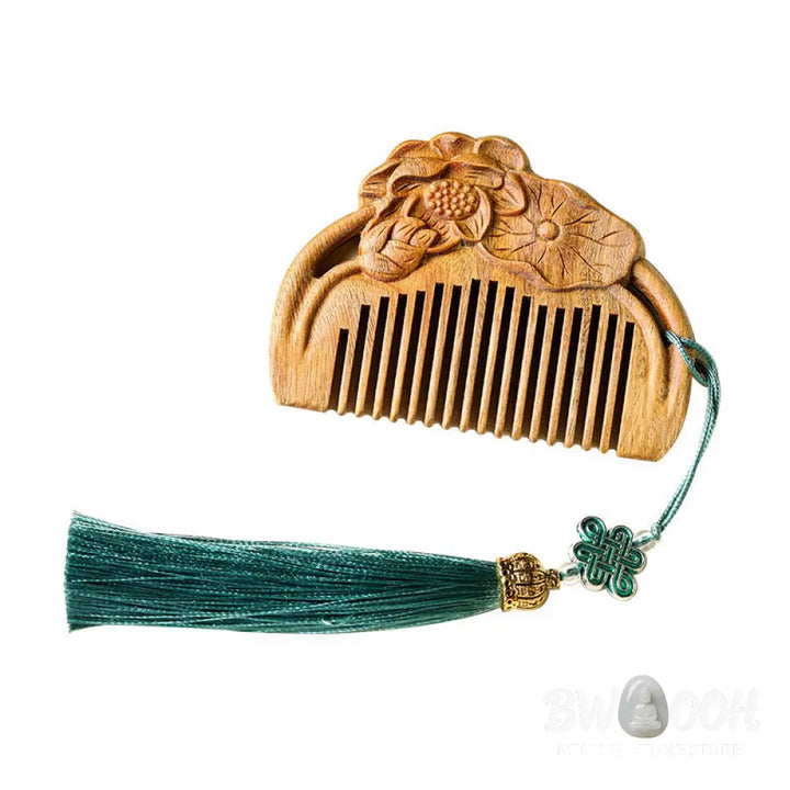 Buddha Stones Natural Green Sandalwood Lotus Flower Leaf Engraved Soothing Comb - Comb