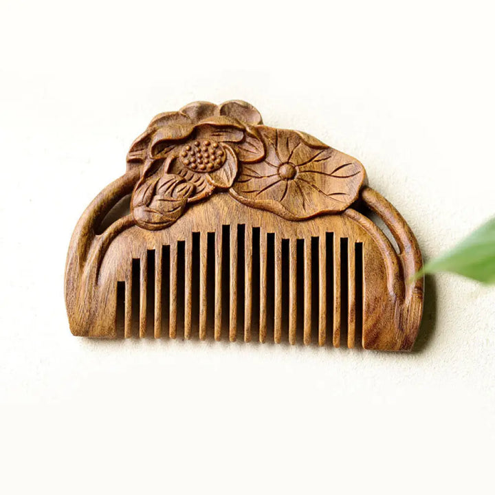 Buddha Stones Natural Green Sandalwood Lotus Flower Leaf Engraved Soothing Comb - Green Sandalwood Comb(Simple Style)