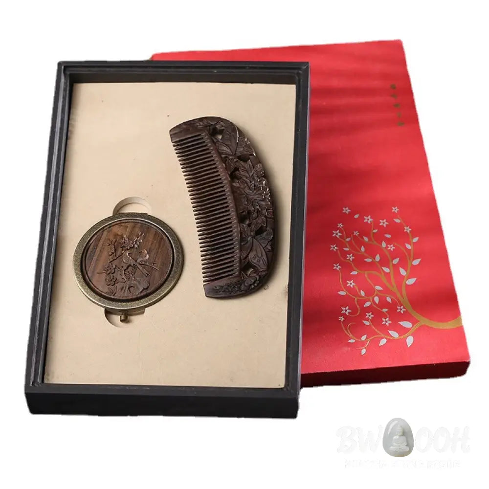 Buddha Stones Natural Green Sandalwood Rosewood Lotus Flower Peacock Butterfly Engraved Soothing Comb - Comb