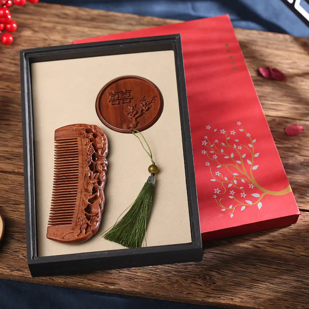 Buddha Stones Natural Green Sandalwood Rosewood Lotus Flower Peacock Butterfly Engraved Soothing Comb - Rosewood Lotus