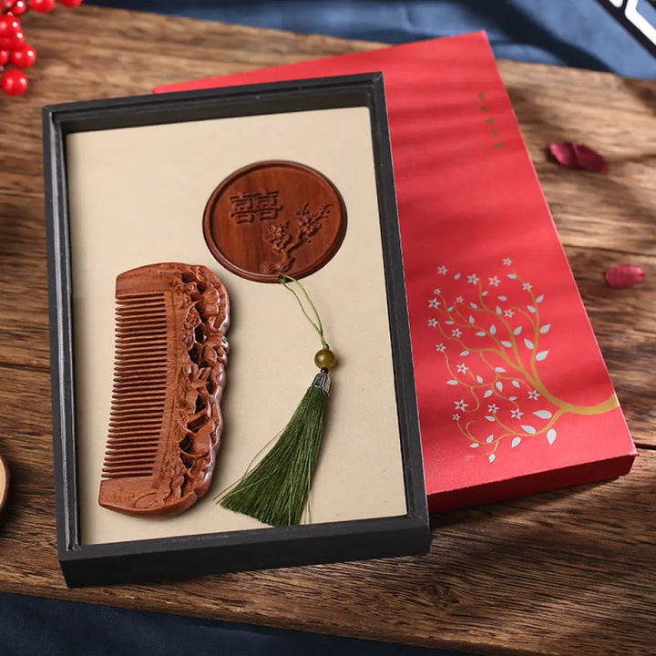 Buddha Stones Natural Green Sandalwood Rosewood Lotus Flower Peacock Butterfly Engraved Soothing Comb - Rosewood Lotus