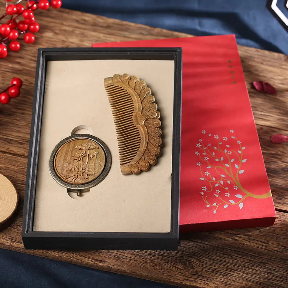 Buddha Stones Natural Green Sandalwood Rosewood Lotus Flower Peacock Butterfly Engraved Soothing Comb - Green