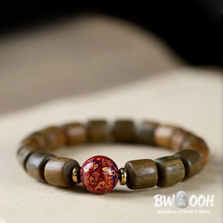 Buddha Stones Natural Green Sandalwood Small Leaf Red Sandalwood Lacquer Bead Peace Bracelet - BWOOOH - Bracelet