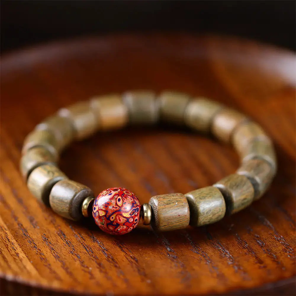 Buddha Stones Natural Green Sandalwood Small Leaf Red Sandalwood Lacquer Bead Peace Bracelet - BWOOOH - Green
