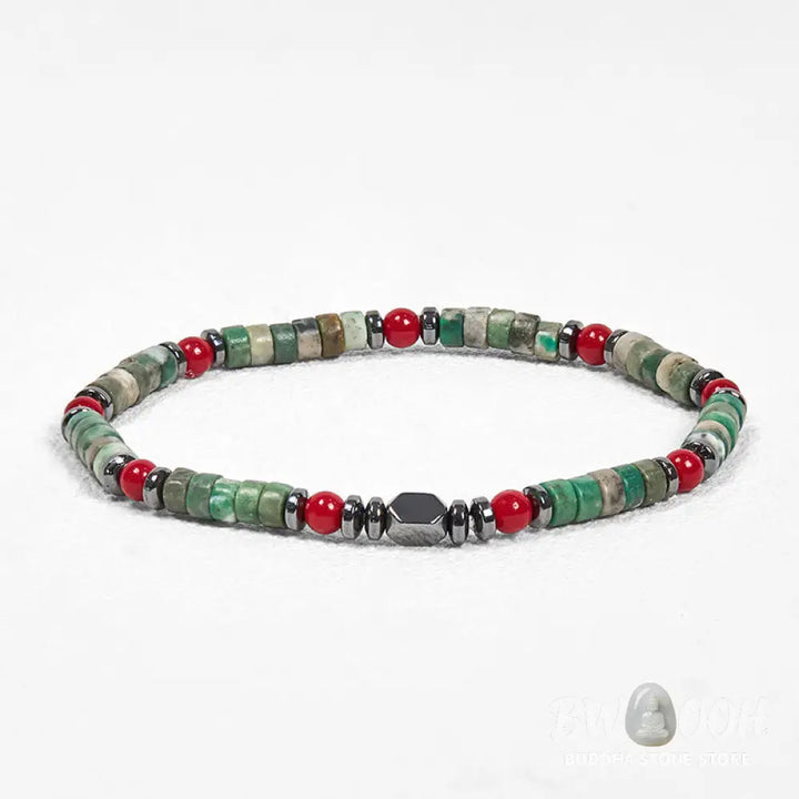 Buddha Stones Natural Green Stone Hematite Red Coral Powerful Bracelet - BWOOOH - Green Stone(Wrist Circumference