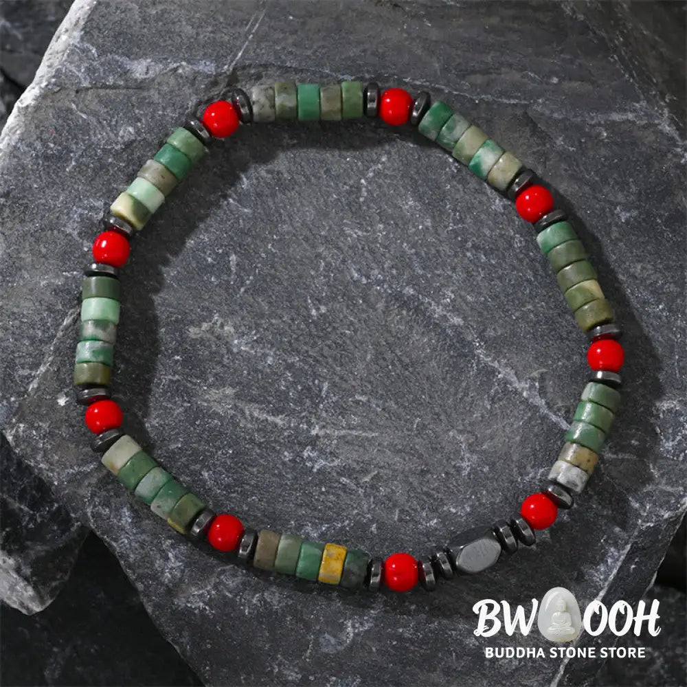 Buddha Stones Natural Green Stone Hematite Red Coral Powerful Bracelet - BWOOOH - Green Stone(Wrist Circumference