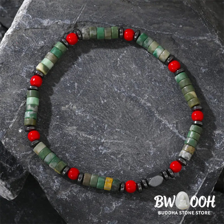 Buddha Stones Natural Green Stone Hematite Red Coral Powerful Bracelet - BWOOOH - Green Stone(Wrist Circumference