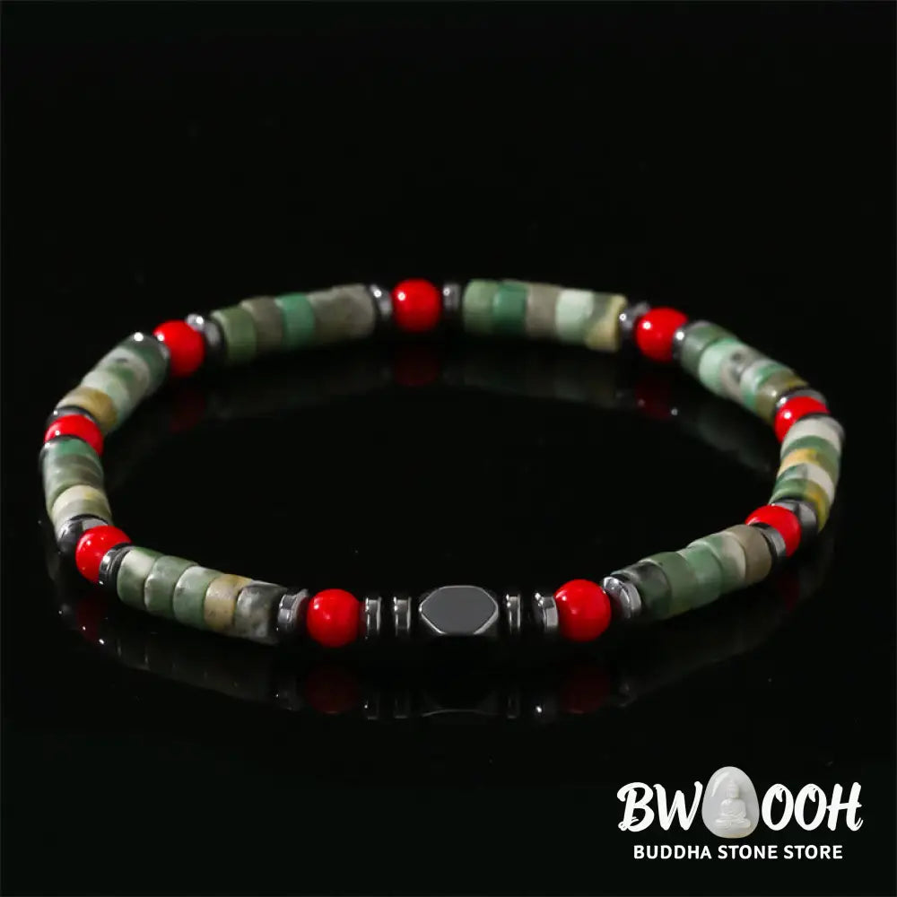Buddha Stones Natural Green Stone Hematite Red Coral Powerful Bracelet - BWOOOH - Green Stone(Wrist Circumference
