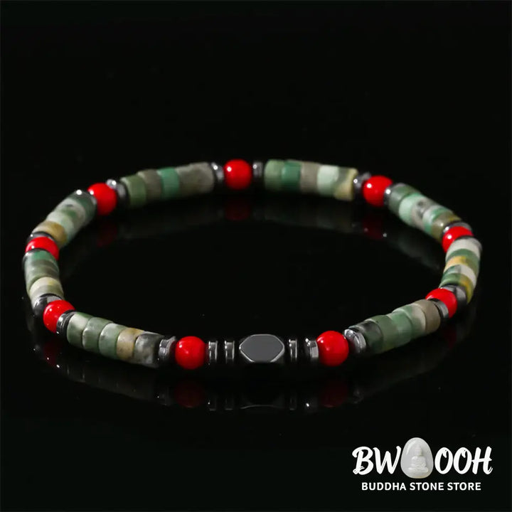 Buddha Stones Natural Green Stone Hematite Red Coral Powerful Bracelet - BWOOOH - Green Stone(Wrist Circumference