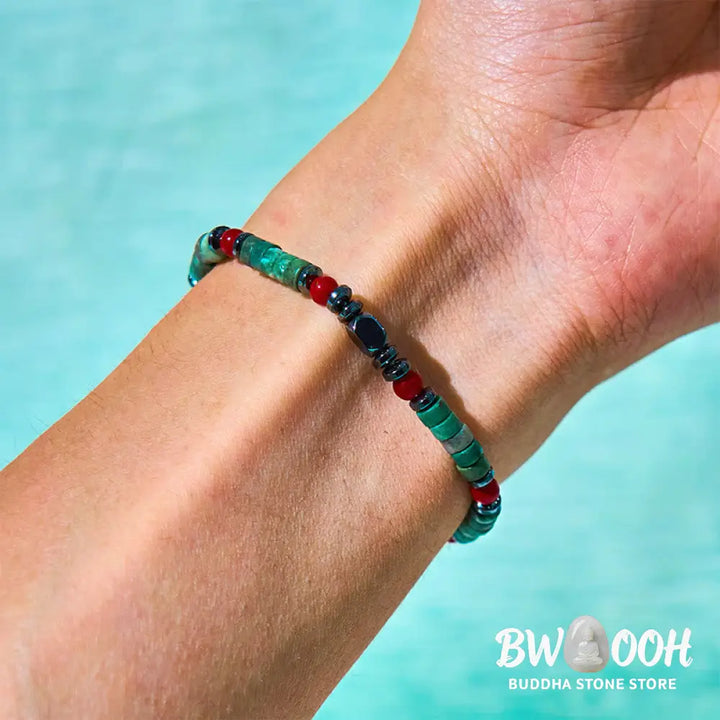 Buddha Stones Natural Green Stone Hematite Red Coral Powerful Bracelet - BWOOOH - Green Stone(Wrist Circumference