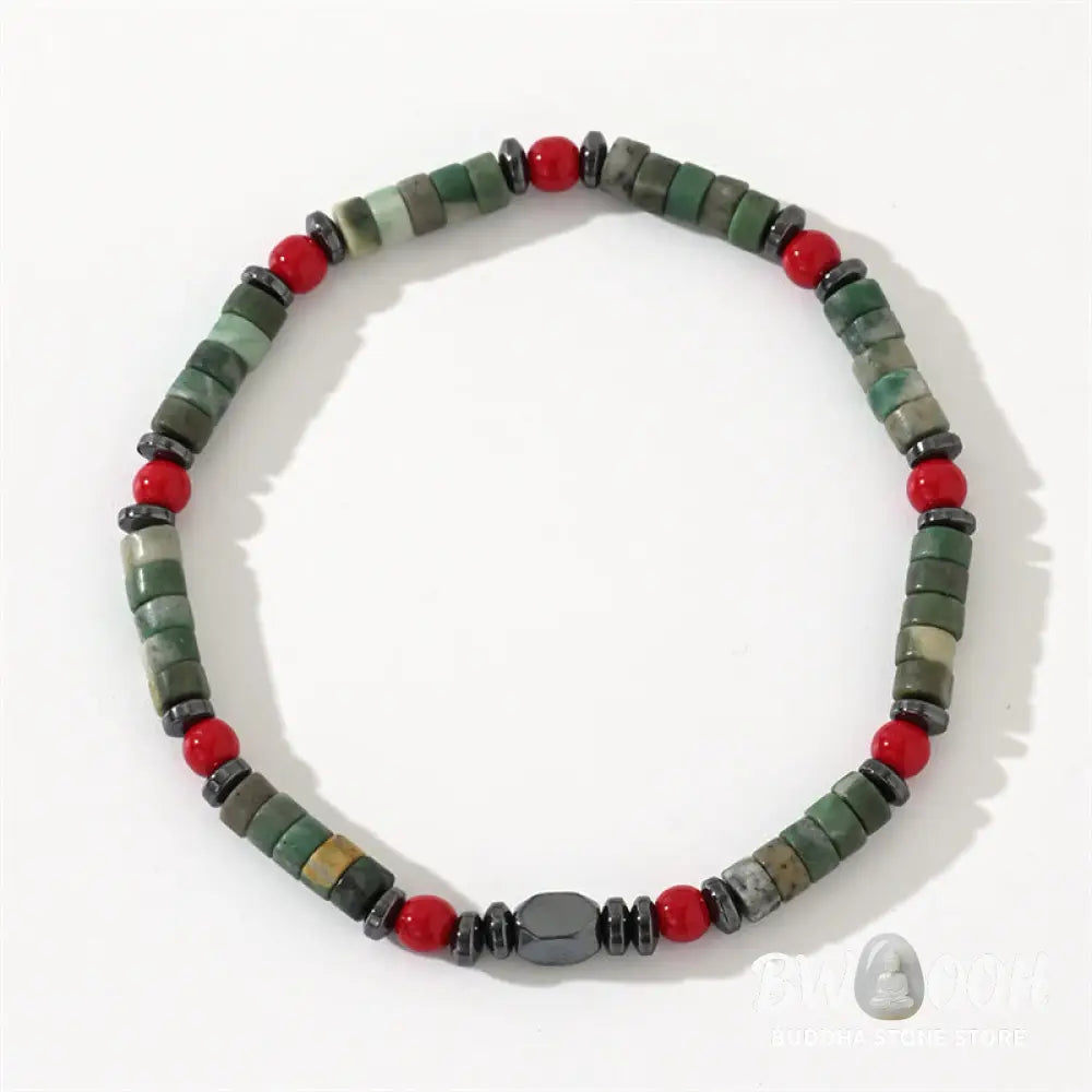 Buddha Stones Natural Green Stone Hematite Red Coral Powerful Bracelet - BWOOOH - Green Stone(Wrist Circumference