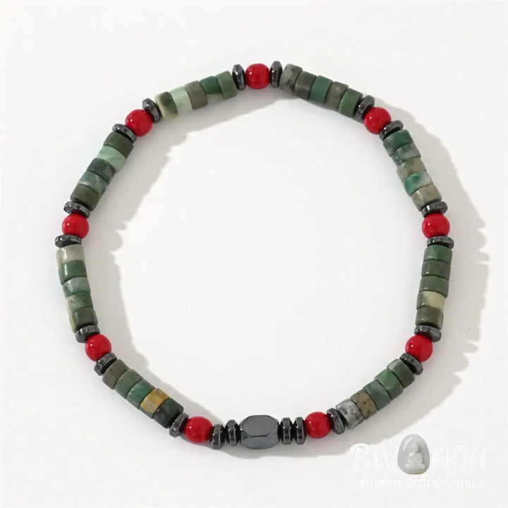 Buddha Stones Natural Green Stone Hematite Red Coral Powerful Bracelet - BWOOOH - Green Stone(Wrist Circumference