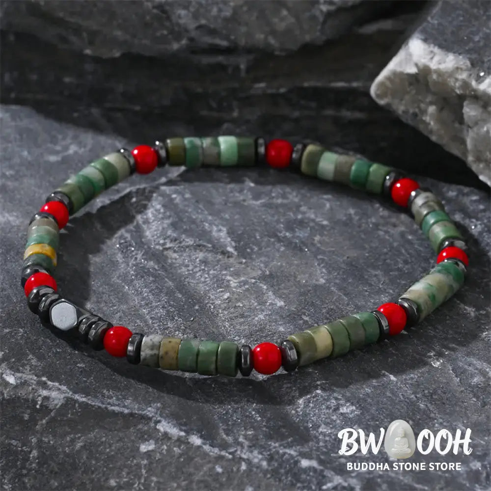 Buddha Stones Natural Green Stone Hematite Red Coral Powerful Bracelet - BWOOOH - Green Stone(Wrist Circumference