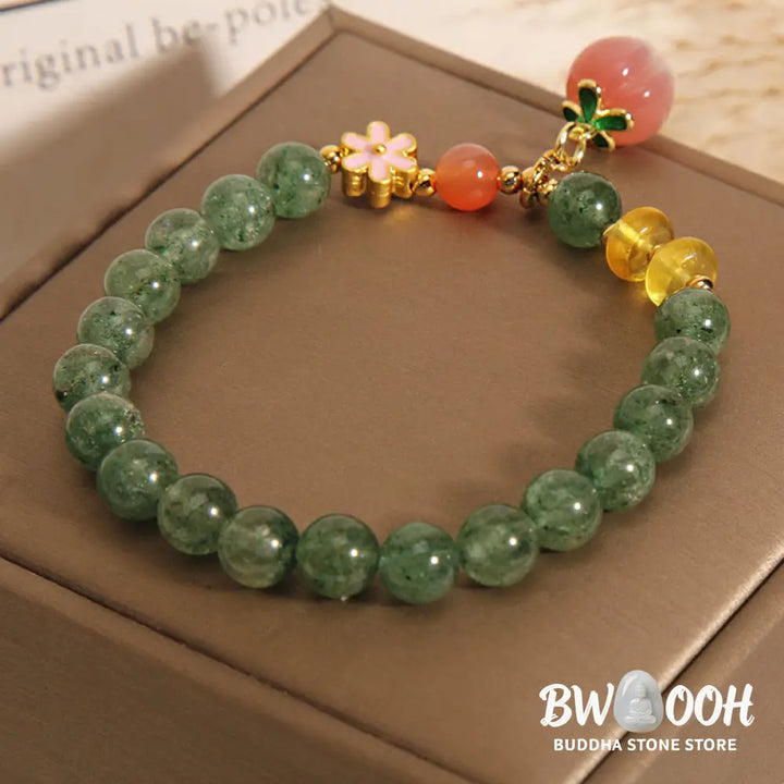 Buddha Stones Natural Green Strawberry Quartz Love Peach Charm Bracelet - BWOOOH - Green Strawberry
