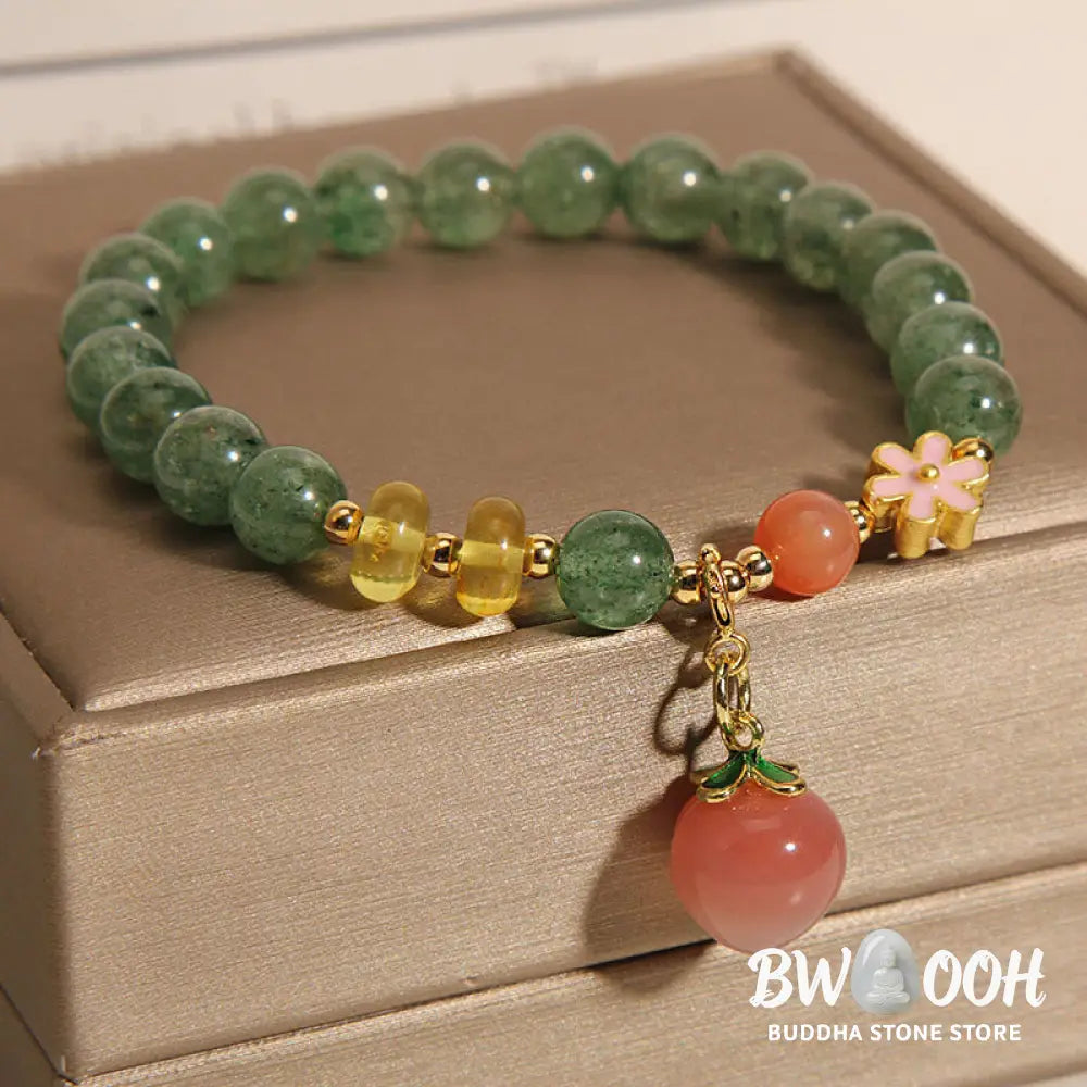 Buddha Stones Natural Green Strawberry Quartz Love Peach Charm Bracelet - BWOOOH - Green Strawberry