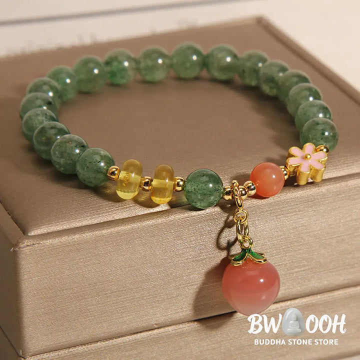 Buddha Stones Natural Green Strawberry Quartz Love Peach Charm Bracelet - BWOOOH - Green Strawberry