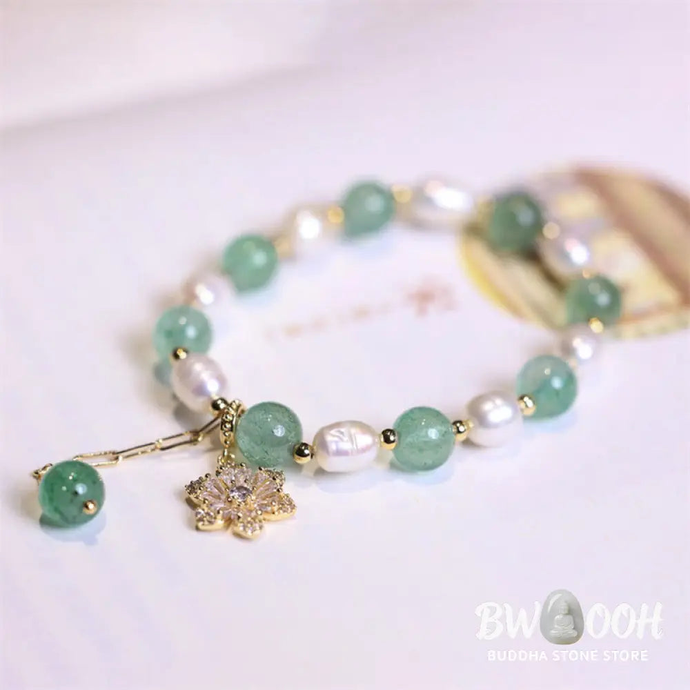 BWOOOH Natural Green Strawberry Quartz Pearl Flower Charm Love Bracelet - Green Strawberry Quartz(Soothing♥Calm)