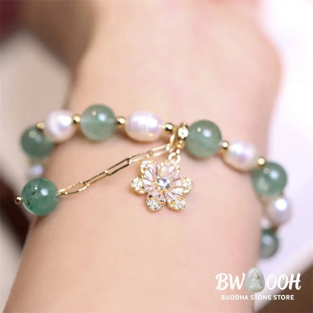 BWOOOH Natural Green Strawberry Quartz Pearl Flower Charm Love Bracelet - Green Strawberry Quartz(Soothing♥Calm)
