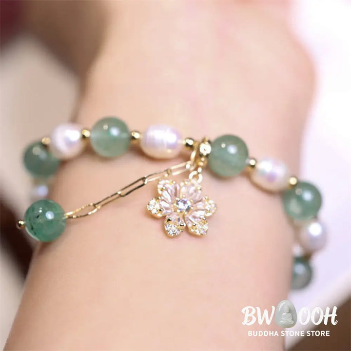 BWOOOH Natural Green Strawberry Quartz Pearl Flower Charm Love Bracelet - Green Strawberry Quartz(Soothing♥Calm)