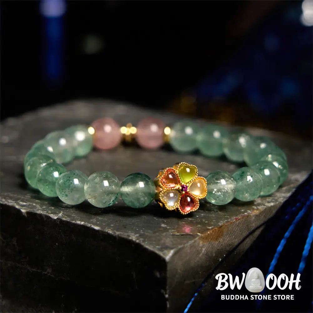 Buddha Stones Natural Green Strawberry Quartz Soothing Fu Character Bracelet - BWOOOH - Green Strawberry Quartz(Wrist