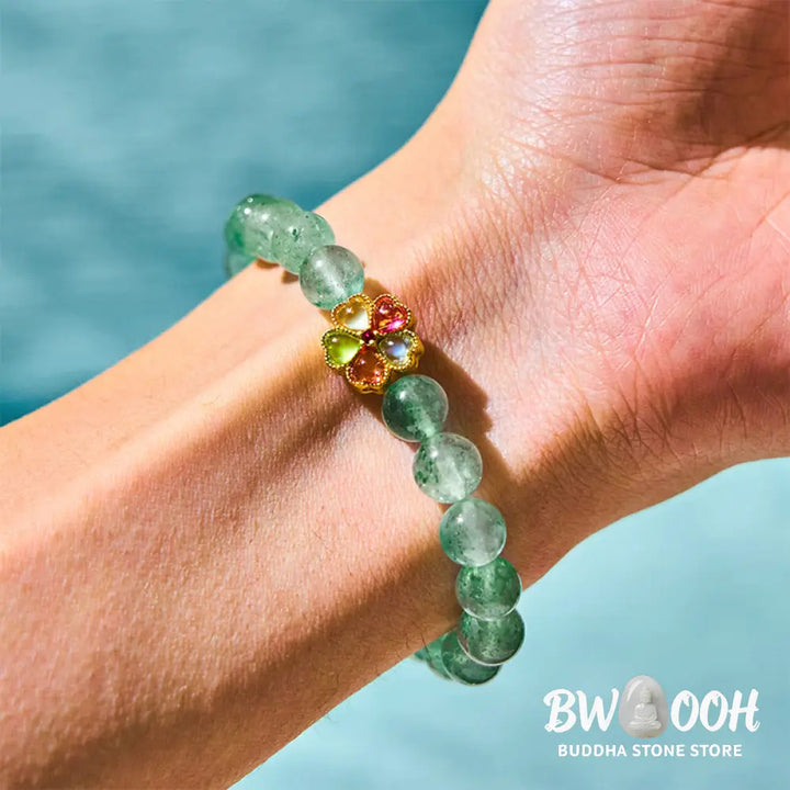 Buddha Stones Natural Green Strawberry Quartz Soothing Fu Character Bracelet - BWOOOH - Green Strawberry Quartz(Wrist