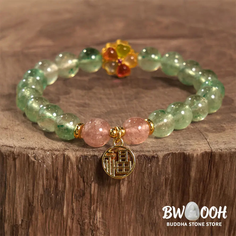 Buddha Stones Natural Green Strawberry Quartz Soothing Fu Character Bracelet - BWOOOH - Green Strawberry Quartz(Wrist