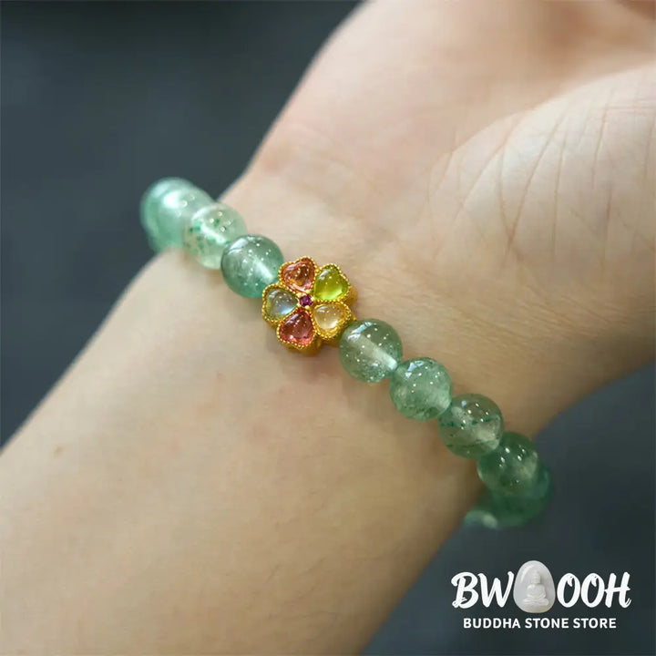 Buddha Stones Natural Green Strawberry Quartz Soothing Fu Character Bracelet - BWOOOH - Green Strawberry Quartz(Wrist