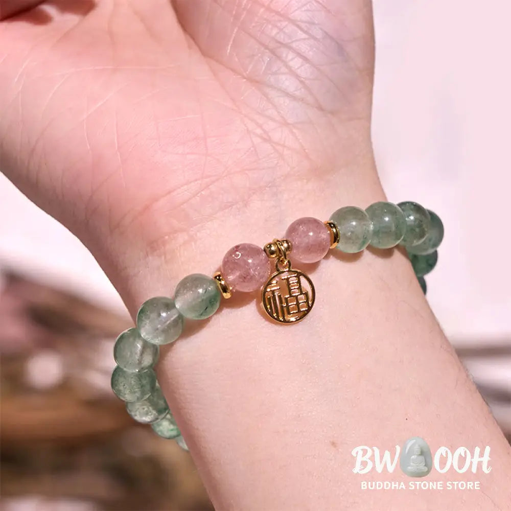 Buddha Stones Natural Green Strawberry Quartz Soothing Fu Character Bracelet - BWOOOH - Green Strawberry Quartz(Wrist
