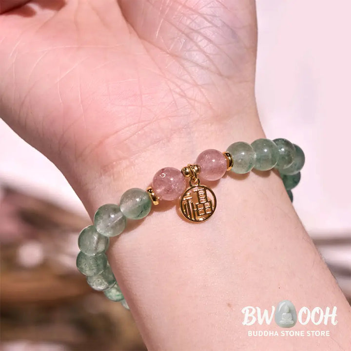 Buddha Stones Natural Green Strawberry Quartz Soothing Fu Character Bracelet - BWOOOH - Green Strawberry Quartz(Wrist