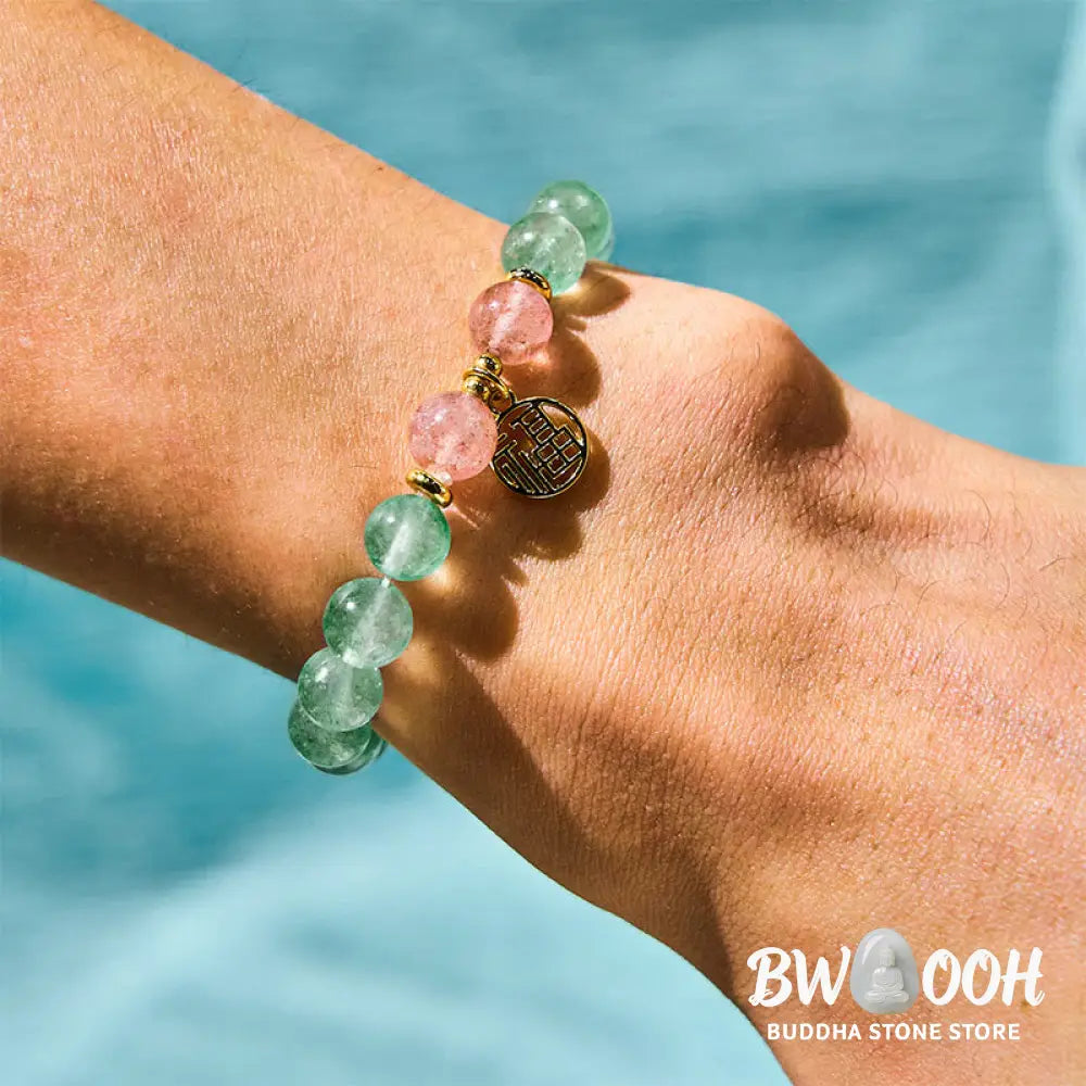 Buddha Stones Natural Green Strawberry Quartz Soothing Fu Character Bracelet - BWOOOH - Green Strawberry Quartz(Wrist