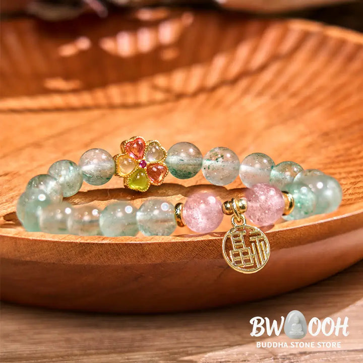 Buddha Stones Natural Green Strawberry Quartz Soothing Fu Character Bracelet - BWOOOH - Green Strawberry Quartz(Wrist