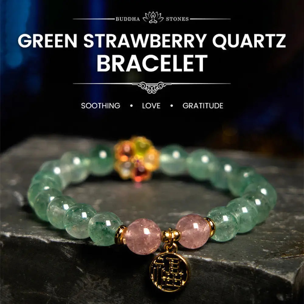 BWOOOH Natural Green Strawberry Quartz Soothing Fu Character Bracelet - BWOOOH - Green Strawberry Quartz(Wrist