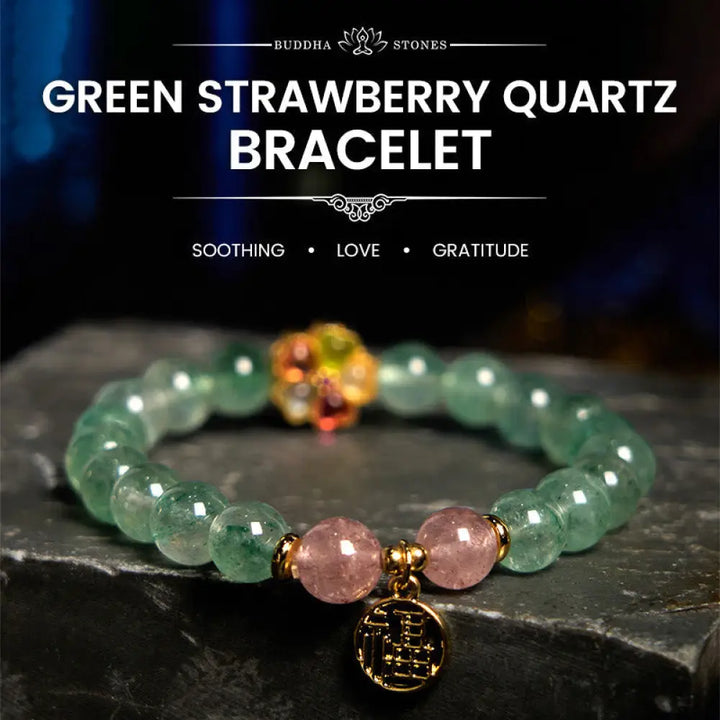 BWOOOH Natural Green Strawberry Quartz Soothing Fu Character Bracelet - BWOOOH - Green Strawberry Quartz(Wrist