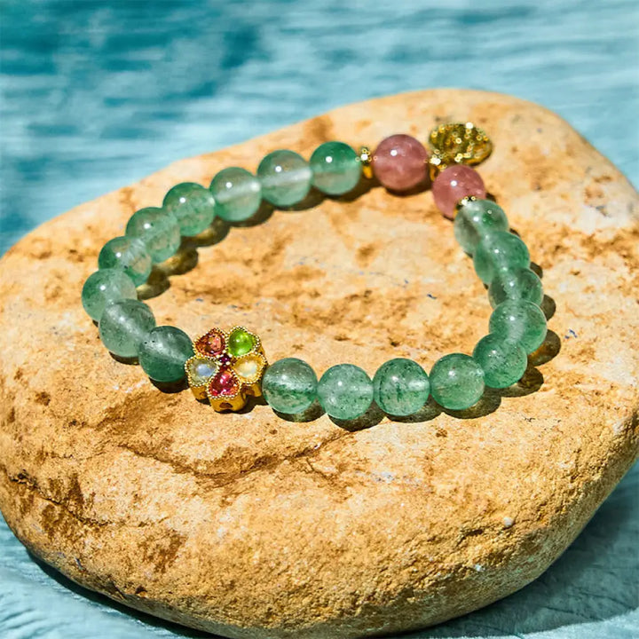 BWOOOH Natural Green Strawberry Quartz Soothing Fu Character Bracelet — Strawberry Quartz crystal healing bracelet for spi...