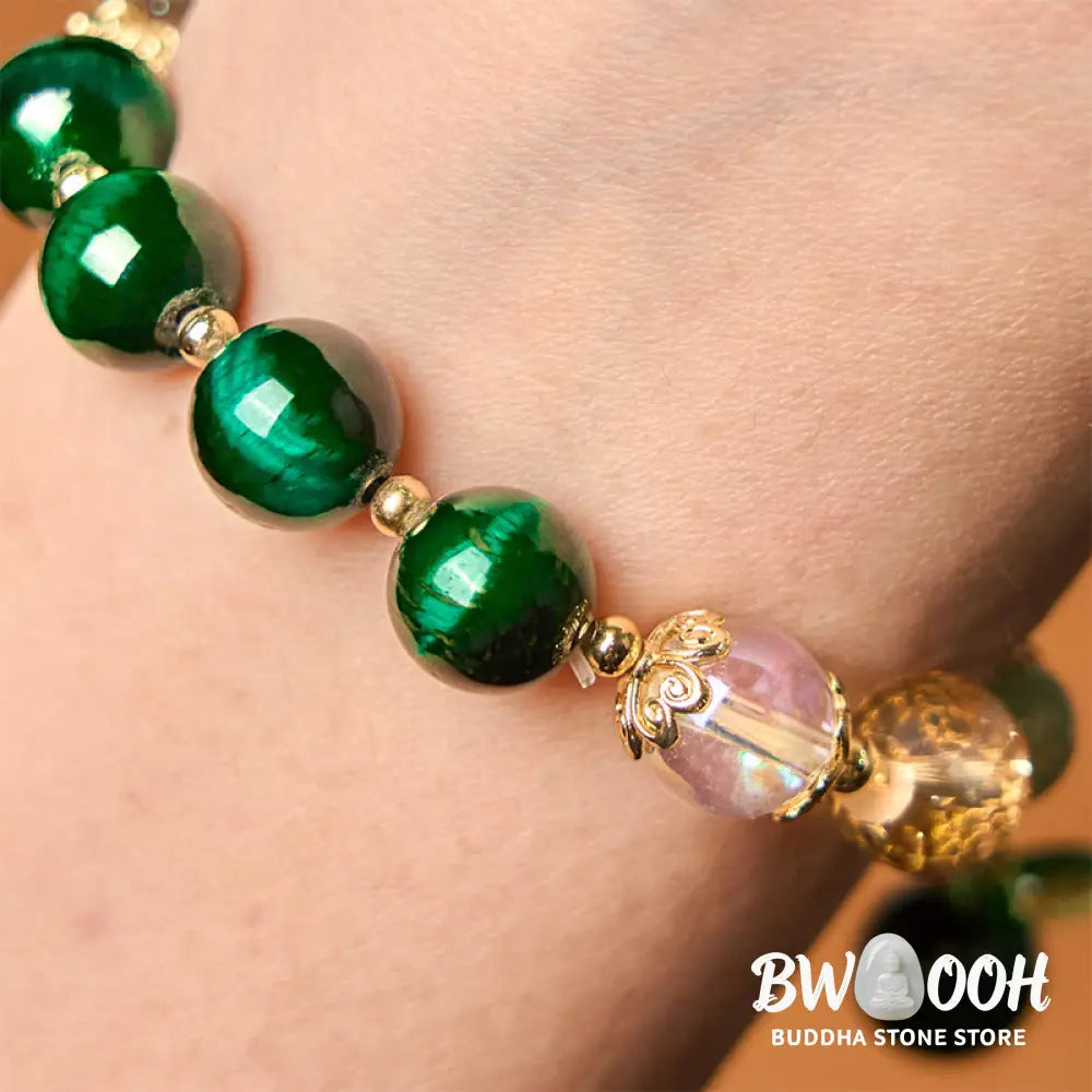 Buddha Stones Natural Green Tiger Eye Beads Green Leaf Positive Bracelet - BWOOOH - Green Tiger Eye(Wrist