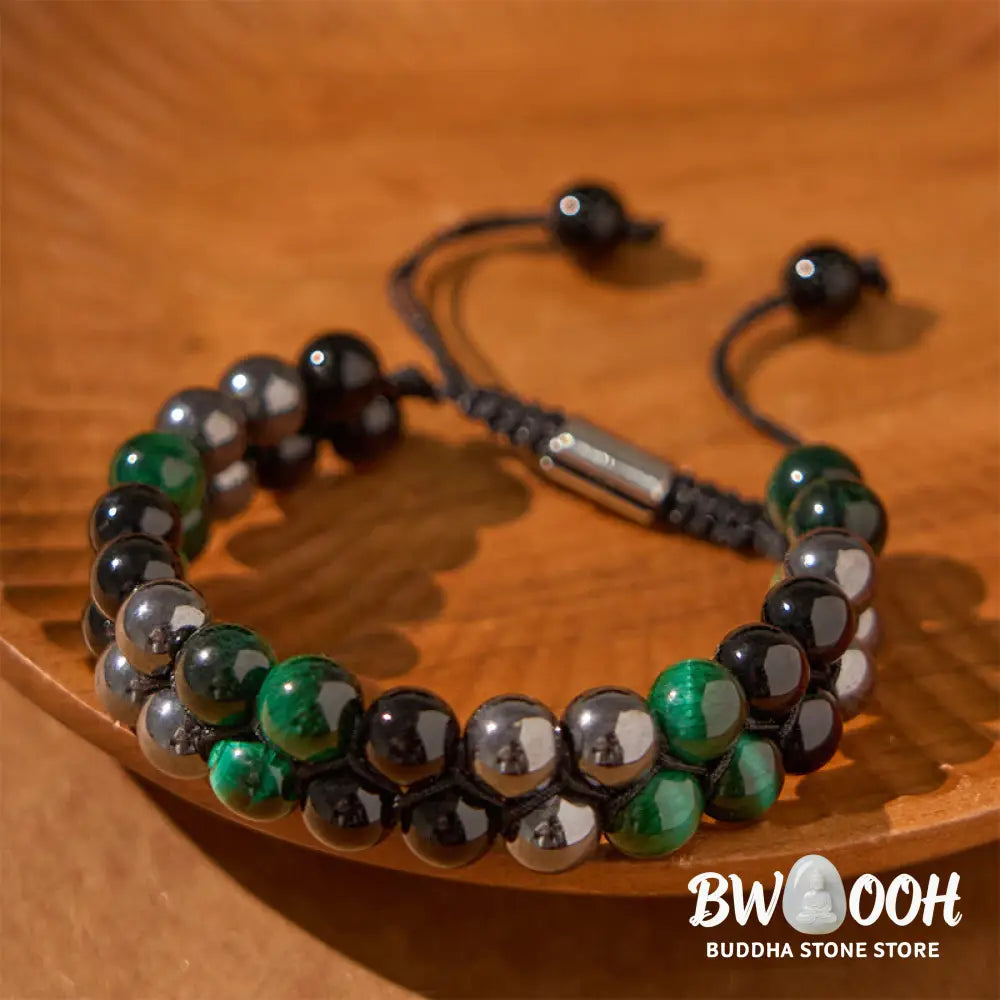 Buddha Stones Natural Green Tiger Eye Black Magnetite Black Obsidian Double Row Beads Positive Bracelet - BWOOOH
