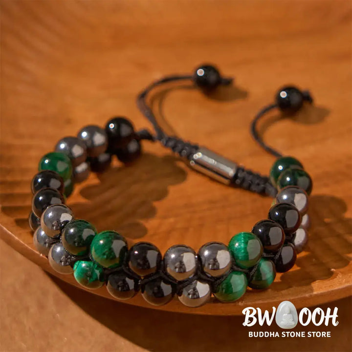 Buddha Stones Natural Green Tiger Eye Black Magnetite Black Obsidian Double Row Beads Positive Bracelet - BWOOOH