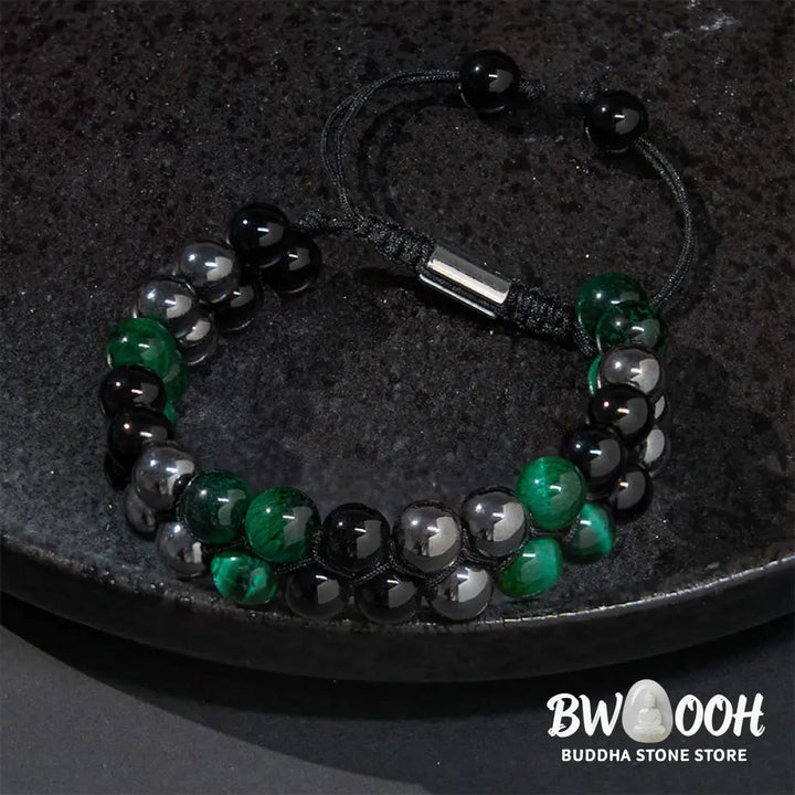 Buddha Stones Natural Green Tiger Eye Black Magnetite Black Obsidian Double Row Beads Positive Bracelet - BWOOOH